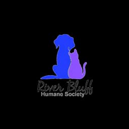 Logotipo de River Bluff Humane Society con siluetas de animales azules y moradas
